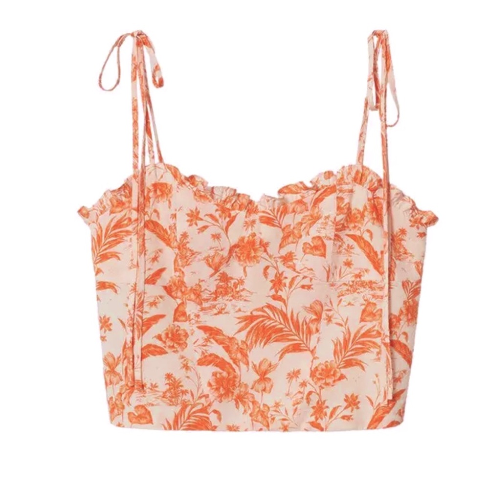 MNG Mango NWT Top Orange Tropical Floral Crop Adjustable Tie Top Cream L